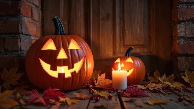 Two carved pumpkins with glowing faces and a burning candle surrounded by colorful autumn leaves on wooden doorstep. Warm Halloween decoration. Rustic seasonal mood.
