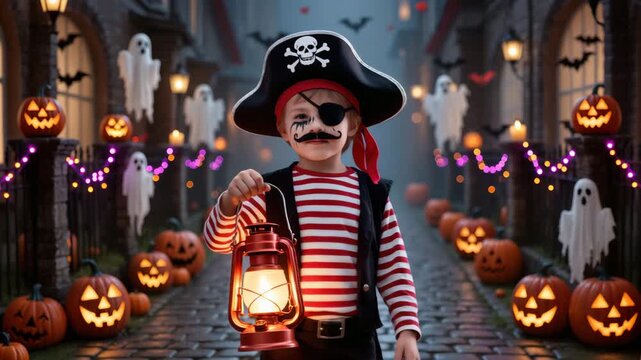 Young boy dressed as a pirate with eye patch and lantern walks down Halloween-decorated street. Pumpkins, ghosts and bats fill the festive spooky scene. Fun night mood.