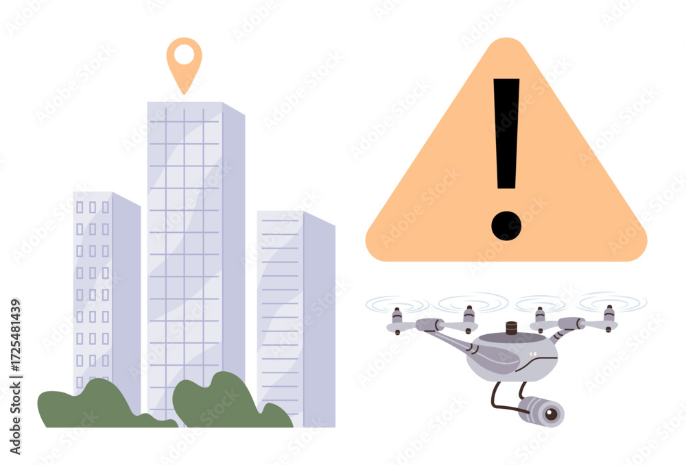 Aufkleber drone hovering near urban skyscrapers with a location pin and a triangular warning sign. ideal for u