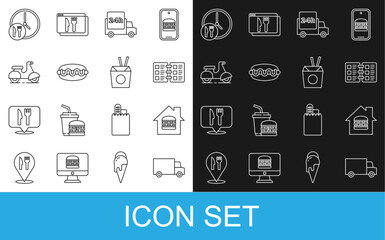 Set line Fast delivery by car, Online ordering and, Restaurant cafe menu, Hotdog sandwich, Scooter, Round the clock and Asian noodles chopsticks icon. Vector