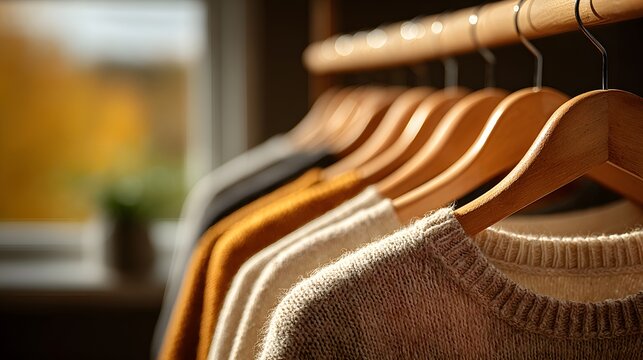 Rack of stylish, minimalist clothing on wooden hangers, illuminated by warm, golden light streaming through a window. Focus is on natural fabrics in a neutral palette.