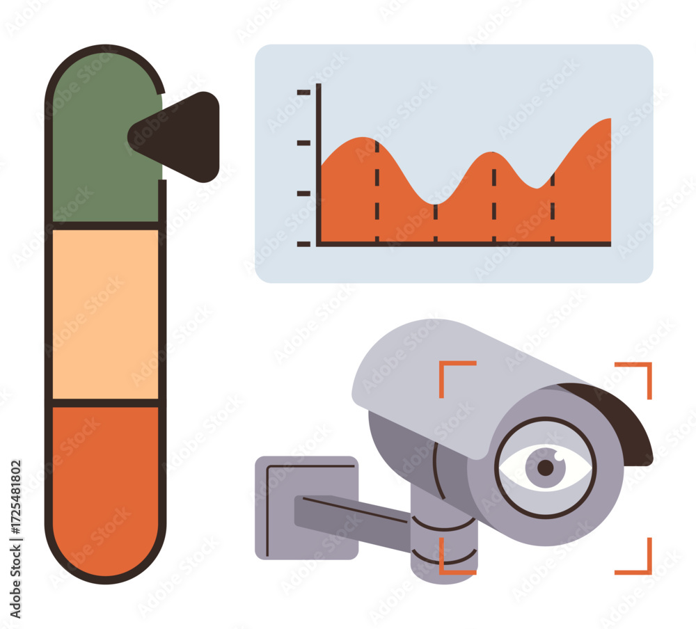 Poster surveillance camera with focus indicator, data graph analyzing trends, and vertical alert level bar.