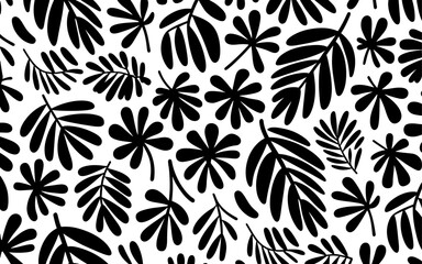 Black tropical leaves pattern seamless repeat Minimalist design Vector illustration White background