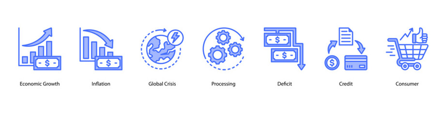 Market Reaction and Recovery web banner vector illustration featuring Economic Growth, Inflation, Global Crisis, Processing, Deficit, Credit, and Consumer.