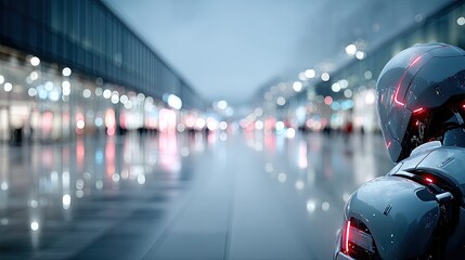 Sleek Metallic Robot Figure with Glowing Red Lights Standing in Urban Cityscape Blurred Background with Night Lights Cinematic and Futuristic
