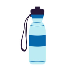 Sport blue water bottle with strap, simple plastic container for drinks, hydration and fitness theme, Vector illustration, hand drawn, flat, doodle design. Equipment for the gym. Water bottle icon
