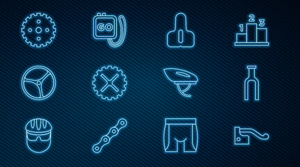 Set line Bicycle brake, fork, seat, sprocket crank, wheel, helmet and Stopwatch icon. Vector