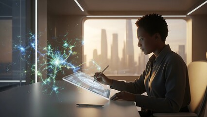 A woman uses a futuristic, transparent tablet to interact with a holographic neural network, symbolizing AI and big data analysis in a modern office with a city view.