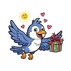 Fototapeta premium Charming Blue Bird Delivers a Gift, Surrounded by Hearts and Sunshine, A Delightful Illustration