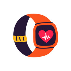 Fitness smartwatch, orange and black colors, heart rate icon, technology and health theme, modern design, wearable device. Vector illustration, hand drawn, flat, doodle design. Fitness tracker icon