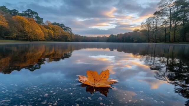 Orange maple leaf floats on still lake with reflections of autumn trees and colorful sunset sky. Peaceful natural scene. Tranquil fall moment.
