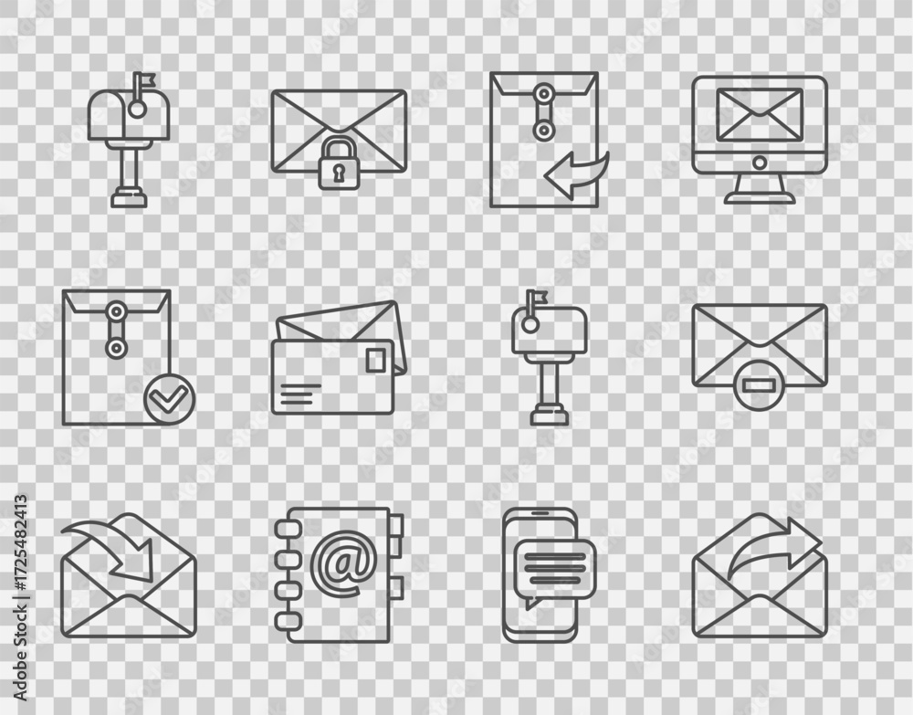 Poster set line envelope, outgoing mail, address book, mail box, chat messages notification on phone and de