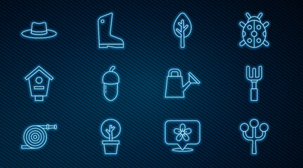 Set line Blossom tree branch, Garden rake, Forest, Acorn, Bird house, Gardener worker hat, Watering can and Rubber gloves icon. Vector