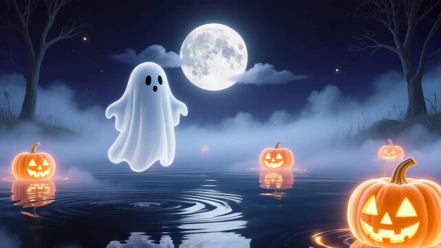 Cute ghost and smiling pumpkins float on calm water under a bright full moon with fog and bare trees. Mysterious Halloween illustration. Spooky and magical.