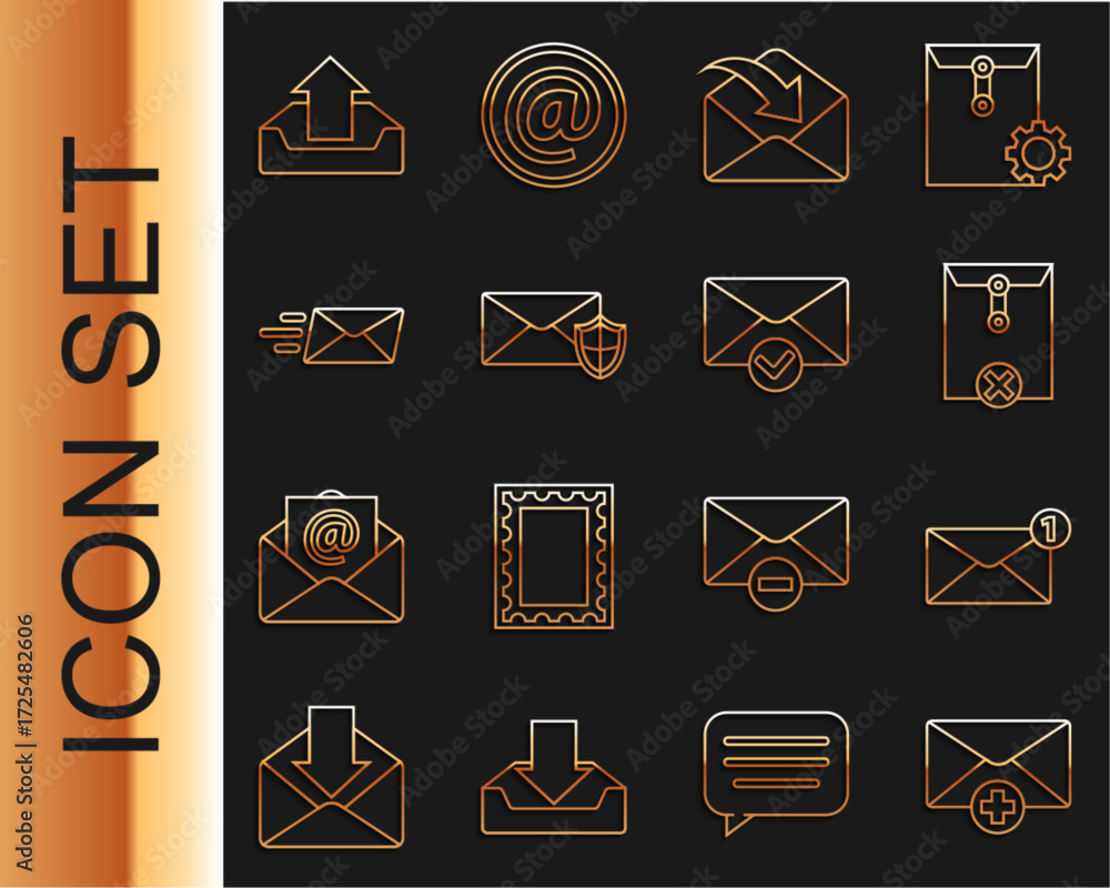 Aufkleber set line received message concept, envelope, delete envelope, with shield, express, upload inbox and