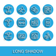 Set line 3D printer car, Graphing paper for engineering, wrench spanner, Isometric cube, perfect copy, software and icon. Vector