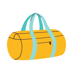 Bright yellow duffel bag. Light blue straps. Simple, modern trendy banner. Travel theme. Vector illustration, hand drawn, flat, doodle design. Gym equipment bag icon. Sports bag. Carry-on baggage
