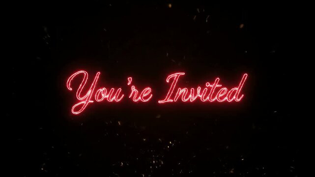 Close-up of a neon sign reading You're Invited in pink cursive script against a dark background with scattered white specks
