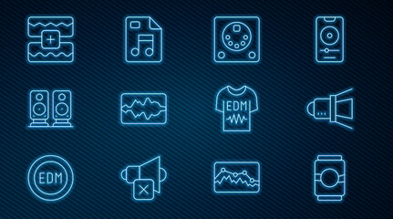 Set line Beer can, Movie spotlight, Drum machine, Music wave equalizer, Stereo speaker, T-shirt and MP3 file document icon. Vector