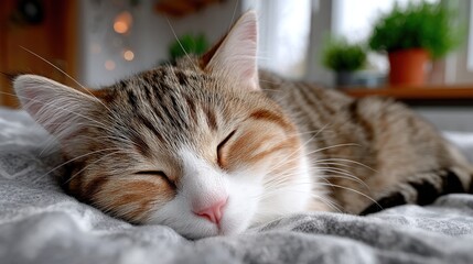 Sleeping Tabby Cat Curled Up on Gray Blanket with Blurred Background Containing Window and Plant HDR