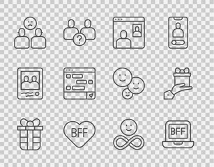 Set line Gift box, BFF or best friends forever, Video chat conference, Complicated relationship, Chat messages laptop, Friends and Give gift icon. Vector