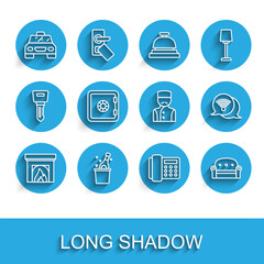 Set line Interior fireplace, Bottle of champagne, Taxi car, Telephone handset, Sofa, Safe, Wi-Fi wireless internet and Concierge icon. Vector