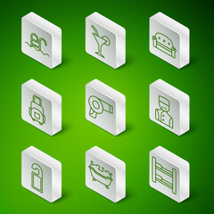 Set line Hotel room bed, Bathtub, Swimming pool, Hair dryer, Suitcase, Cocktail, Please do not disturb and Concierge icon. Vector