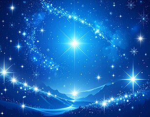 A night scene with a bright star over a snowy, mountainous landscape under a swirling, starry sky