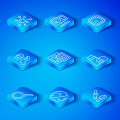Set line Magnifying glass, Calculator, Earth globe, Power station plant, Processor CPU, Atom, Molecule and Pipette icon. Vector