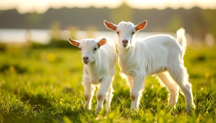Fototapeta premium Two baby goats in a grassy field at sunset