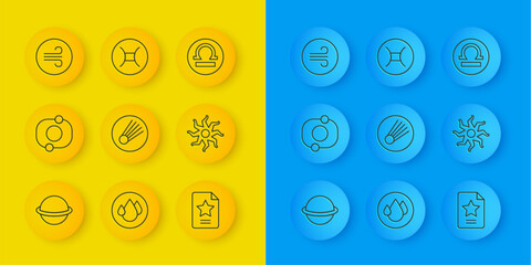 Set line Planet Saturn, Solar system, Comet, Star constellation zodiac, Sun, Windy weather, Libra and Gemini icon. Vector © Vadim