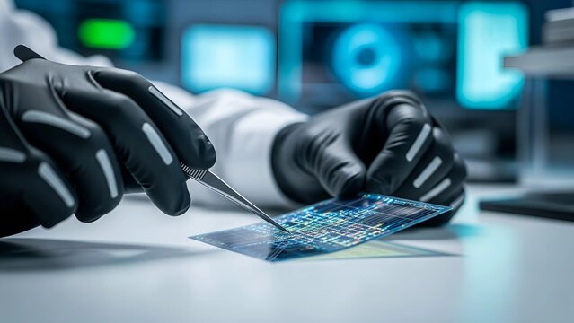 A scientist in gloves uses tweezers to inspect a complex microchip, symbolizing high-tech scientific research, technological innovation, and intricate engineering in a modern laboratory.