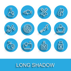 Set line Poison apple, Mortar and pestle, Beaker with toxic liquid, Bottle potion, Poisoned pill, Petri dish bacteria, Coffee cup skull and the arrow icon. Vector