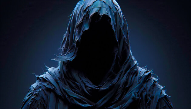 Mysterious Dark Figure in Tattered Hooded Robe with Blank Face Void on Dark Gray Background