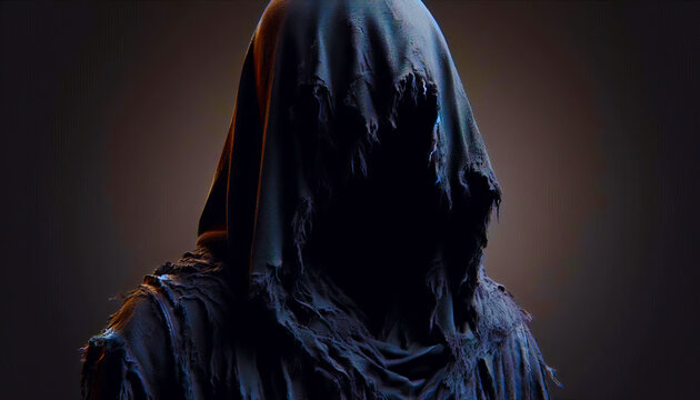 Mysterious Dark Figure in Tattered Hooded Robe with Blank Face Void on Dark Gray Background
