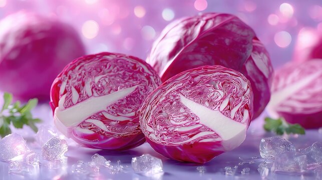 Sliced Red Cabbage with Ice Cubes on Purple Background Cinematic HDR
