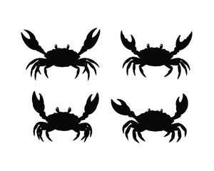 Four black silhouette crab illustrations facing different directions on a white background
