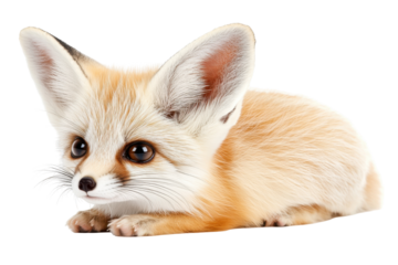 A Cute Fennec Fox Lying Comfortably with Big Ears, Captivating Eyes, and Soft Fur, Showcasing Its Unique Features on transparent background