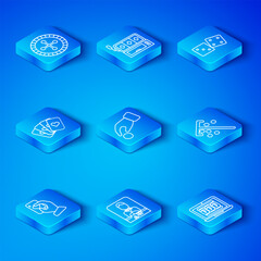 Set line Hand holding playing cards, casino chips, Casino dealer, Stick for, Game dice, Deck of, roulette wheel and Laptop slot machine icon. Vector