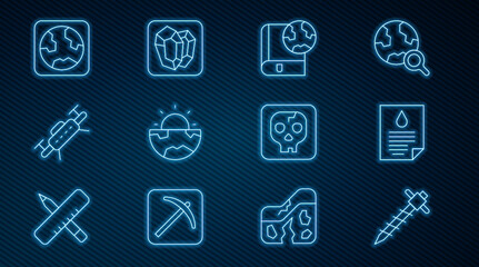Set line Construction jackhammer, Oil drop document, Earth globe and book, core structure crust, Drone, Archeology and Gem stone icon. Vector