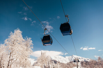 Gondola, cable car and ski lift with mountain, tree, blue sky on a sunny day at resort Krasnaya Polyana.