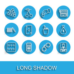 Set line Game dice, Casino poker tournament invitation, slot machine with grape, Handcuffs, dealer, Playing card diamonds, Money bag and Champagne bucket icon. Vector