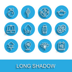 Set line Asian or Chinese conical straw hat, New Year, Peach fruit nectarine, Lotus flower, Yuan currency and paper lantern icon. Vector