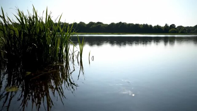 Cinematic low-angle slide shot skimming just above the water's surface at the edge of a vast, calm pond horizon, shot, cinematic