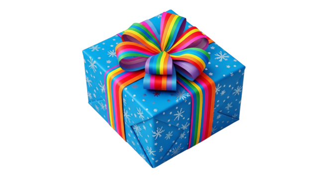 Blue Gift Box With Rainbow Ribbon