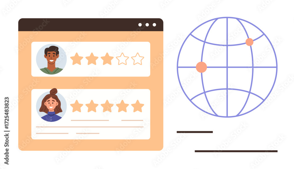Poster user profiles with star ratings in browser window beside a globe connecting points. ideal for custom
