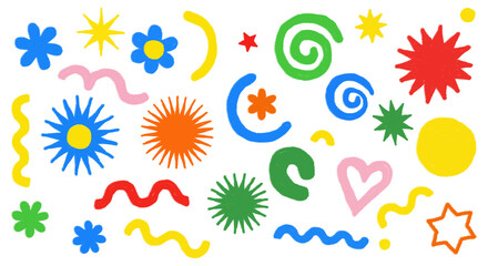 Illustration of colorful hand drawn doodle elements isolated on transparent background