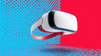 VR headset floating above abstract pop art background, blue and red halftone dots, graphic contrast shadows