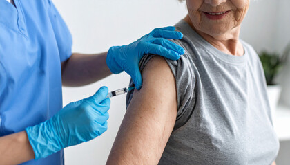 A healthcare professional giving a senior an injection in the arm, which is an act of vaccination