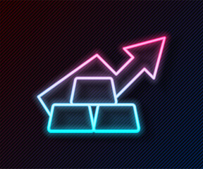 Glowing neon line Finance growth chart arrow with gold bars icon isolated on black background. Financial success concept. Gold investment concept. Vector